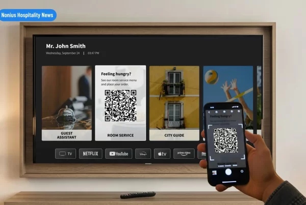 Hotel smart TV showing a "ROOM SERVICE" QR code being scanned by a smartphone, leading to an instant mobile ordering interface.