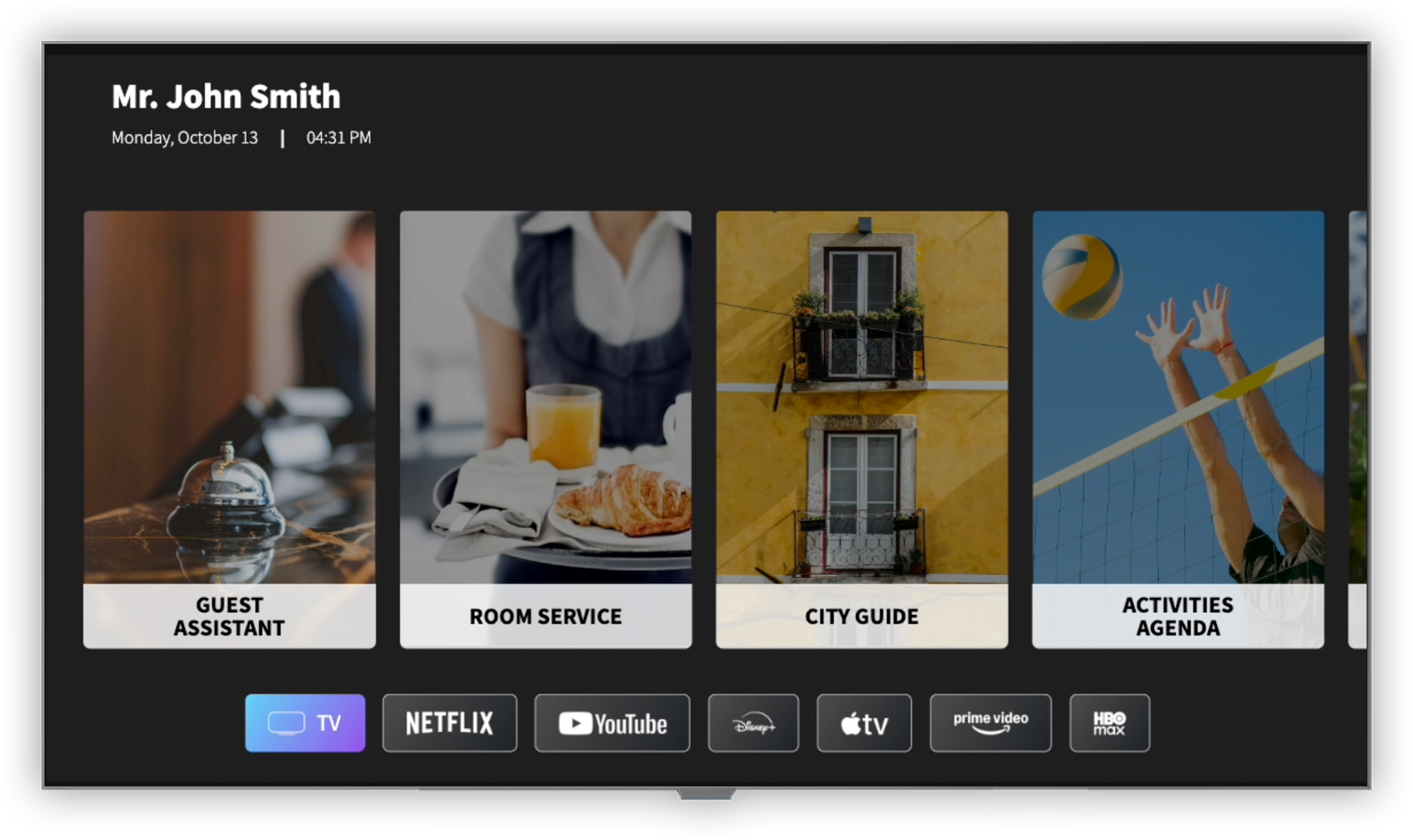 Nonius TV+ layout with entertainment menu for guests