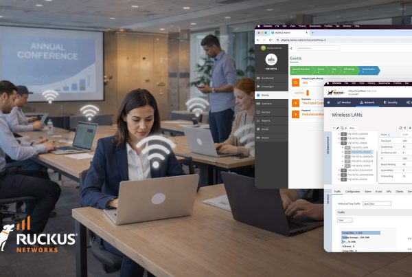 Sala de conferencias que utiliza la herramienta de Conferencias y Eventos de Nonius con Ruckus One para disponer de una conexión Wi-Fi segura y automatizada