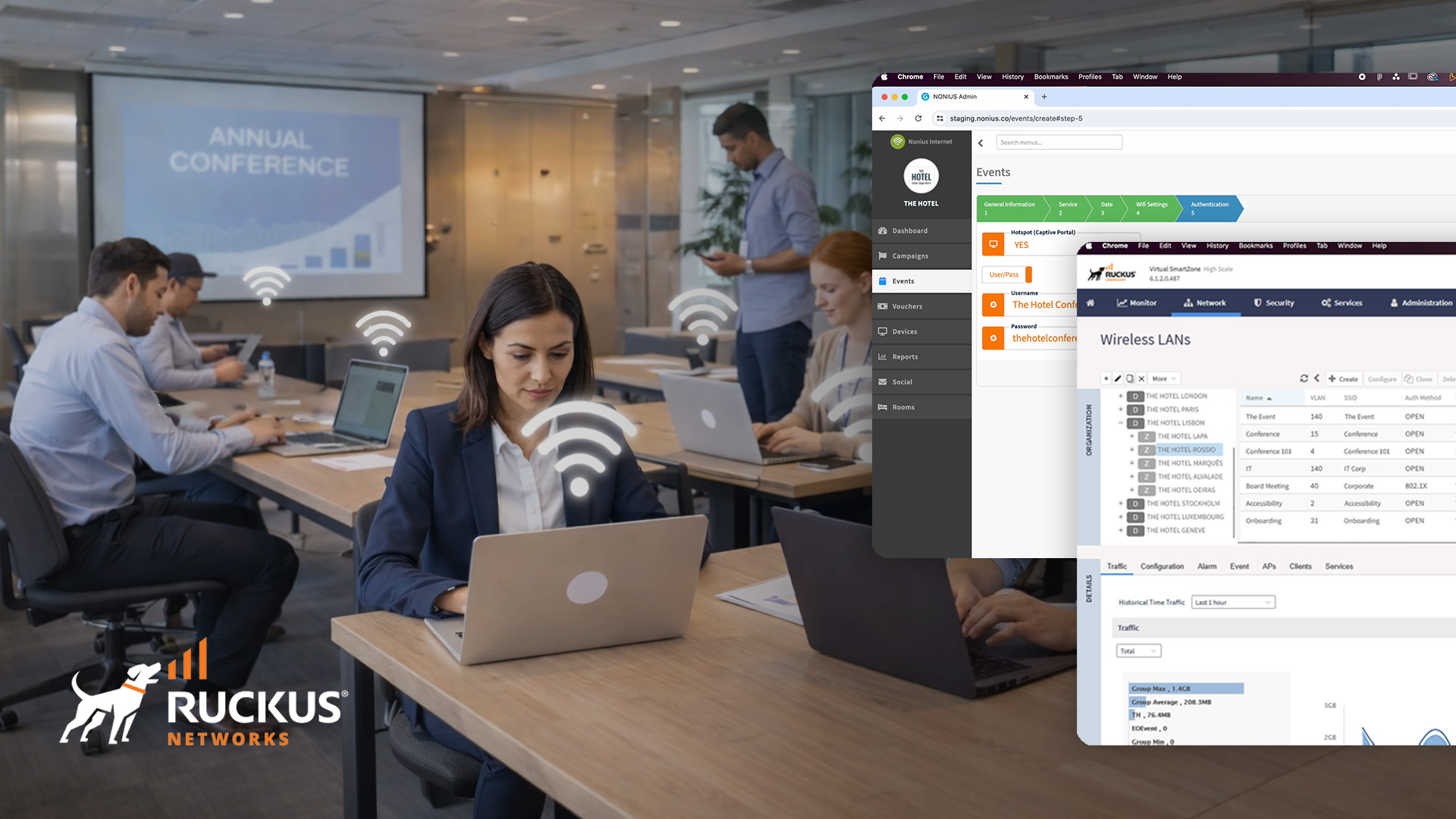 Sala de conferencias que utiliza la herramienta de Conferencias y Eventos de Nonius con Ruckus One para disponer de una conexión Wi-Fi segura y automatizada